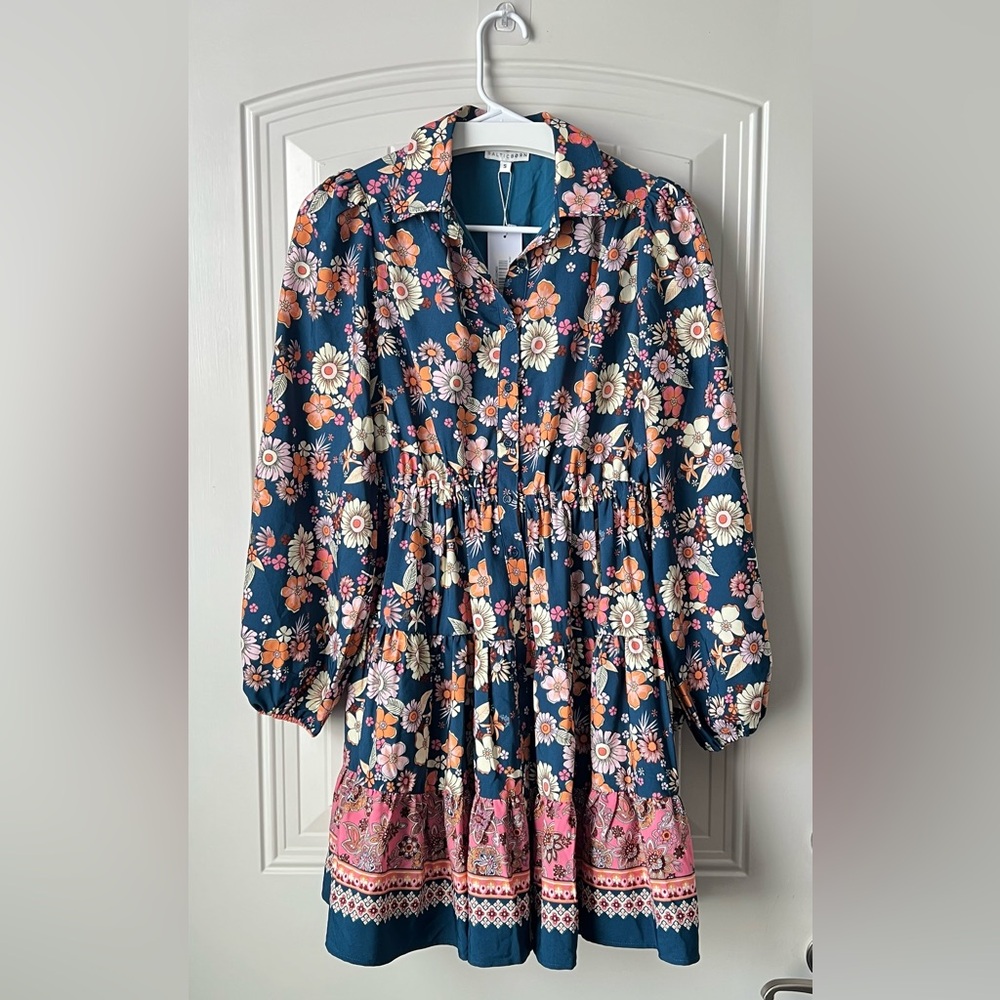 Baltic Born Jane Short Dress Floral Mini Teal Pink Long Sleeve Size S NWT - Picture 3 of 16